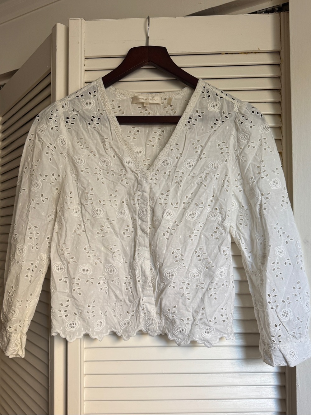 LoveShackFancy White Eyelet V-Neck Button-Front Blouse